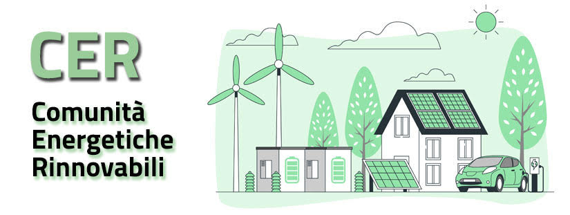 CER Comunità energetiche rinnovabili - illustrazione digitale comprendente case, pale eoliche alberi e biciclette. tutto nella tonalità del verde chiaro
